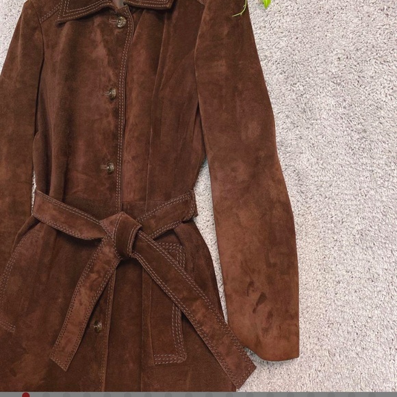 Brown Suede Leather Trench Coat - Picture 4 of 14